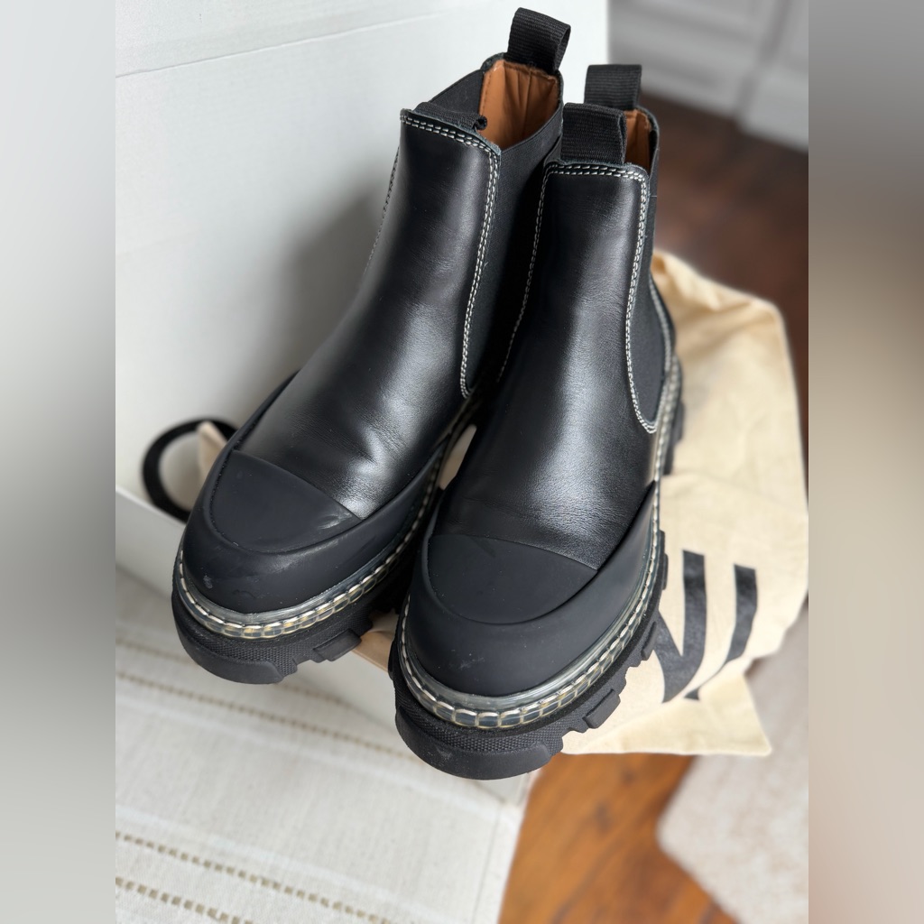 Ganni Black Leather Platform Chelsea Ankle Boots
